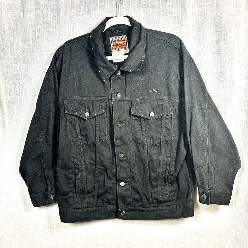 VTG Wrangler Hero Jacket Sz M Black Denim Trucker Jean Coat With Handmade Design